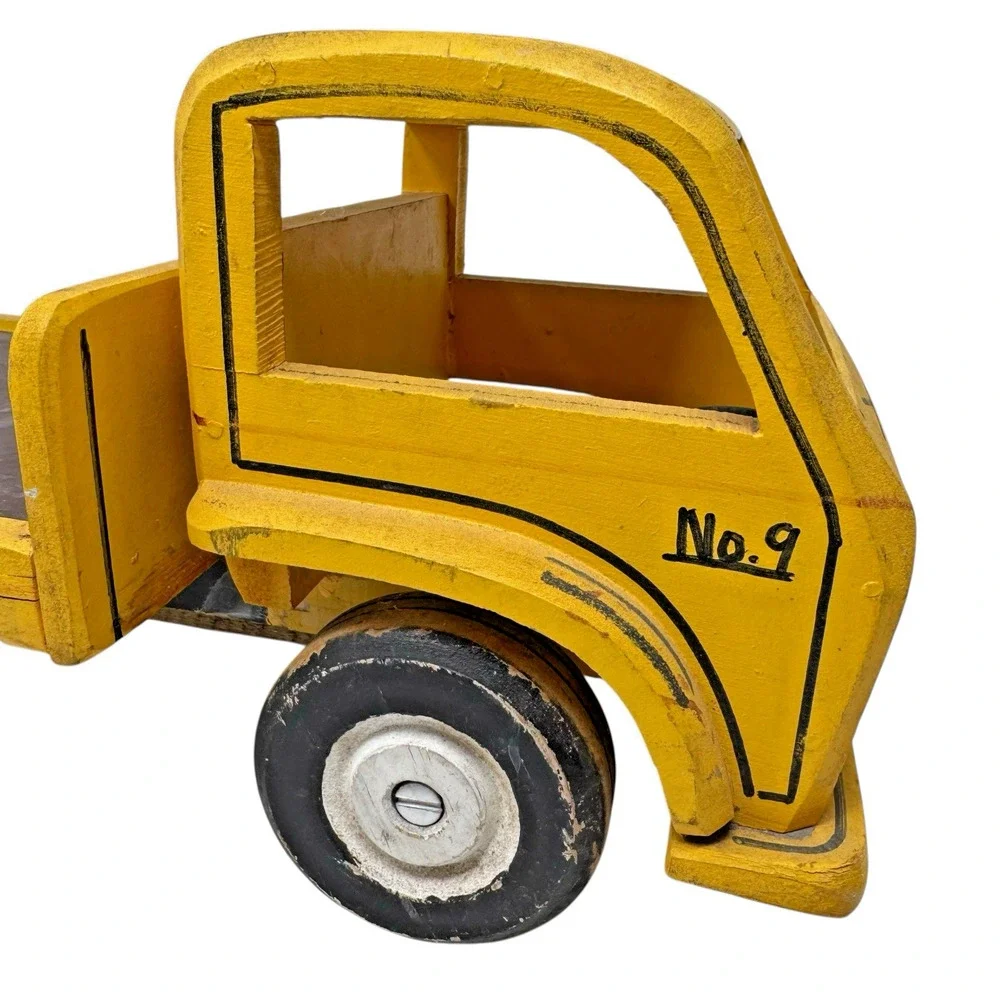 Vintage 1950s Handmade Wooden Ford No.9 Flatbed Toy Truck Yellow Missing Wheel